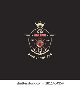 Marine round retro emblem in hipster style with anchor and inscriptions. Worn texture on a separate layer and can be disabled
