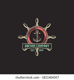 Marine round retro emblem in hipster style with anchor and inscriptions. Worn texture on a separate layer and can be disabled