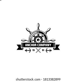 Marine round retro emblem in hipster style with anchor and inscriptions. Worn texture on a separate layer and can be disabled