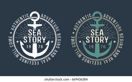 Marine round retro emblem in hipster style with anchor and inscriptions. Monochrome and color versions on a dark background. Worn texture on a separate layer and can be disabled. svg