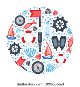 Marine round vector frame cartoon lifeline, swimming fish, seashells, helm, compass, binoculars illustration isolated on white background, Summer decorative texture, designed sea backdrop label