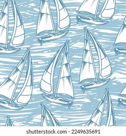 Marine sailboats monochrome pattern seamless with crankcases floating on ocean for sports regatta or lovers of sea travel vector illustration