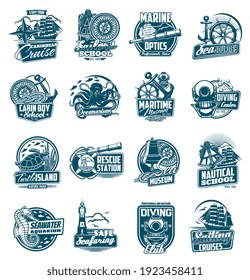 Marine sailing and nautical journey icons set. Sailboat steering wheel, vintage diving suit helmet and anchor, oceanarium sea animals, rescue station lifebuoy and compass, ropes engraved vector