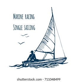  Marine sailing race single seaway.  Active people. Extreme lifestyle. Traveling. Competitions on the water. Vector hand drawn sketch.