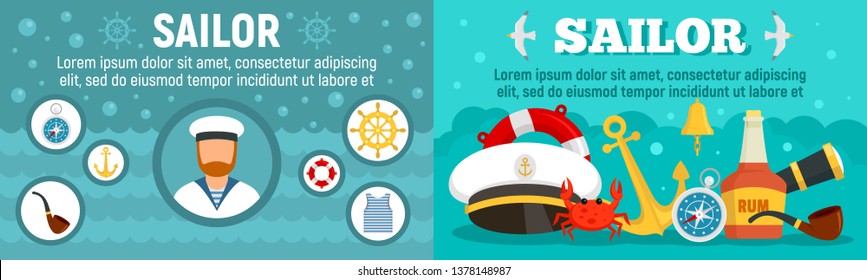 Marine sailor banner set. Flat illustration of marine sailor vector banner set for web design