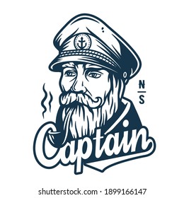 Marine sailor captain with smoking pipe. Nautical wanderlust sea adventure illustration of skipper