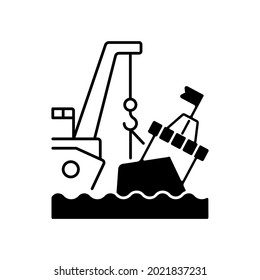 Marine salvage black linear icon. Towing, re-floating. Cargo recovery. Rescuing, repairing ship. Saving property at sea. Vessel recovering. Outline symbol on white space. Vector isolated illustration