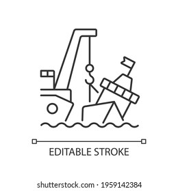 Marine salvage linear icon. Towing, re-floating. Recovery, rescuing ship. Saving property at sea. Thin line customizable illustration. Contour symbol. Vector isolated outline drawing. Editable stroke