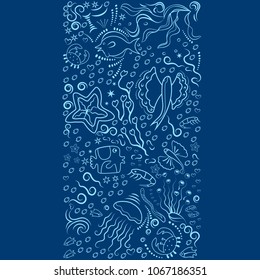 Marine sample of deep-sea fish, algae. Monochrome, frame for banners, advertising of marine products, aquariums. Blue silhouettes on white background. Place under the text. Vector illustration