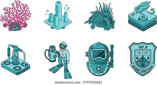 Marine Sanctuary and Ocean Diving Isometric Icon Set with Coral Reef Sea Turtle and Diver
