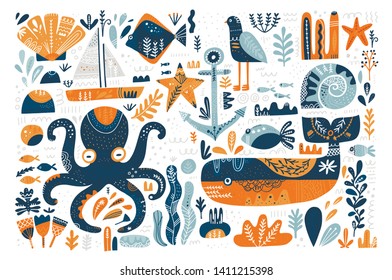 Marine scandinavian style illustrations vector set