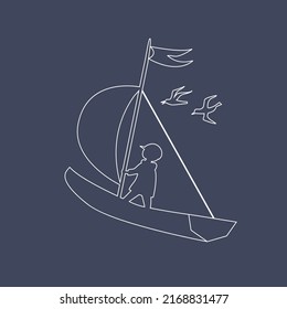 Marine scene with a man on a sailing yacht in the sea and seagulls. A man is sailing on a boat with a sail. Vector outline illustration.