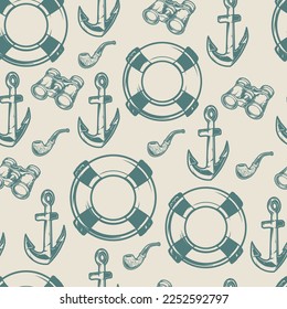 Marine scenery monochrome pattern seamless with lifebuoy and binoculars from medieval ship and sailors snorkel near anchor vector illustration