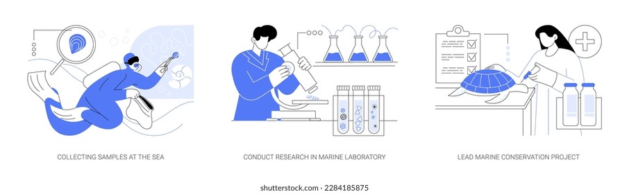 Marine science abstract concept vector illustration set. Collecting samples at the sea, conduct research in marine laboratory, lead sea ecosystem conservation project abstract metaphor.