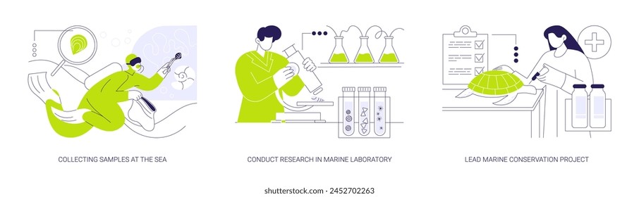 Marine science abstract concept vector illustration set. Collecting samples at the sea, conduct research in marine laboratory, lead sea ecosystem conservation project abstract metaphor.