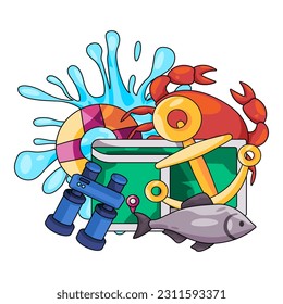 marine sea art emblem badge drawing illustration of ocean sea wave with map crab and fish symbol of exploration