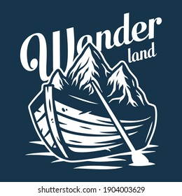 Marine sea boat and mountain on waves. Nautical wanderlust and adventure illustration. Travel logo