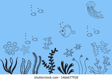 Marine sea bottom silhouette with coral reef, sea creatures and fishes; Hand drawn vector ocean background