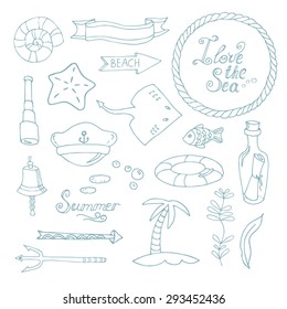 Marine and sea elements, catchwords in doodle style. Vector illustration for invitations to a nautical party, a card with your journey, the notebook traveler and any DIY projects.