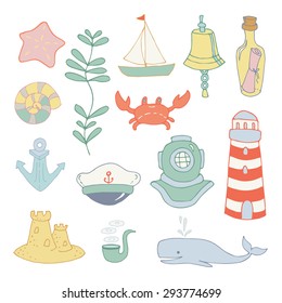 Marine and sea elements - starfish, crab, lighthouse, smoking pipe, algae, anchor, shell, sandcastle, whale. Vector illustration in doodle style.