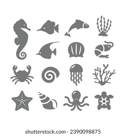 Marine or sea life, octopus and sea horse vector icons. Fish, shell and jellyfish icon set.