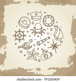 Marine, sea, nautical, maritime thin line icons concept on vintage background. Vector illustration