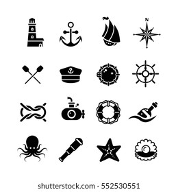 Marine, Sea, Nautical, Pirate, Maritime Vector Retro Icons. Black White Marine Symbols Illustration.