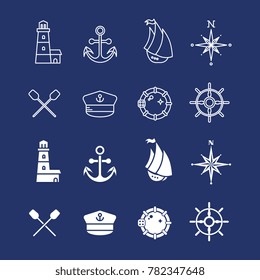 Marine sea nautical, pirate and maritime thin line and silhouette icons. Vector illustration