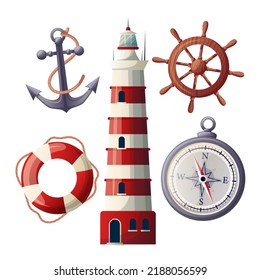 Marine Sea Ocean Set Cartoon. Water Beach, Summer Design, Anchor Nautical, Lighthouse Marine Sea Ocean Vector Illustration