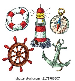 marine sea ocean set hand drawn vector. water beach, summer design, anchor nautical, lighthouse marine sea ocean sketch. isolated color illustration