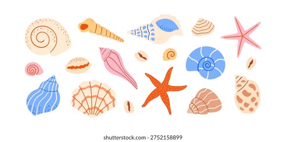 Marine sea ocean set of shells in doodle naive style