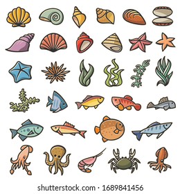 Marine sea symbols colorful set of 32 images