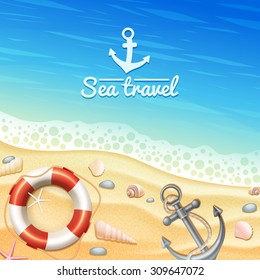 Marine and sea travel realistic background with seashells anchor and beach vector illustration 