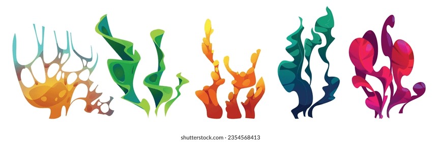 Marine sea underwater plant vector illustration. Ocean grass, alga, kelp and flora decoration isolated on white background. Abstract decorative undersea flourish tropical leaf icon design collection.