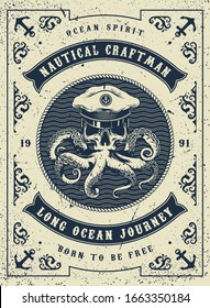 Marine and sea vintage poster with letterings and skull in sea captain hat with poulpe tentacles vector illustration