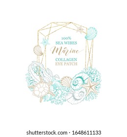 Marine and sea water collagen cosmetics, eye patch package vector luxury golden design. Art line hand drawn ocean seashells, algae and coral with starfish in gold geometric frame wreath