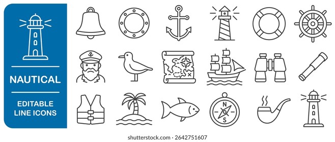 Marine and Seafaring Editable Stroke Line Icon Set. Nautical Adventures and Maritime Exploration. Ancient Sail Ship, Captain, Anchor, lighthouse, Binoculars, helm, compass. Vector illustration icons