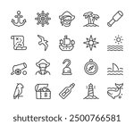 Marine and Seafaring, Icon Set. Nautical Adventures and Maritime Exploration. Ancient Ships, Captain, Anchor, Pirate, Skull, Island, Seagull, Map, Hook, Cannon, Ocean. Line with editable stroke