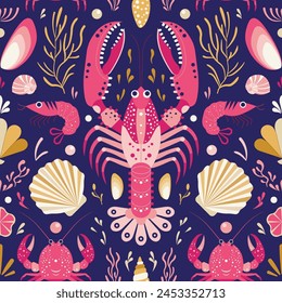 Marine seafood pattern with ocean life and sea creatures, animals and plants. Such as lobsters, crabs, shrimps, shells and algae. Nautical seamless background for textile and wrapping paper.