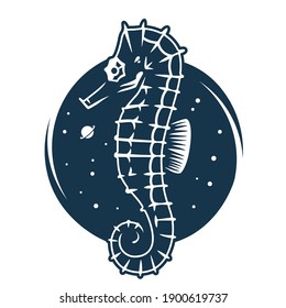 Marine seahorse into starry sky space. Nautical wanderlust and adventure illustration. Ocean explorer