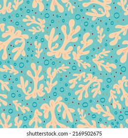 Marine seamless background with corals and bubbles on a blue background. Vector illustration