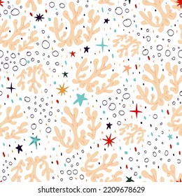 Marine seamless background with corals and bubbles on a white background. Vector illustration