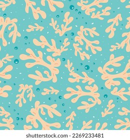 Marine seamless background with corals and bubbles on a blue background. Vector illustration