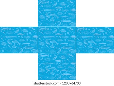 Marine seamless background. Fish in the vector on a blue background. Vector illustration