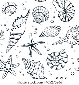 Marine seamless background from hand drawn sea shells and stars. Nautical pattern with shellfishes isolated on white.