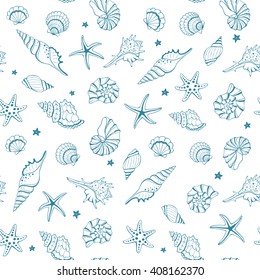 Marine seamless background from hand drawn sea shells and stars. Nautical pattern with shellfishes isolated on white.