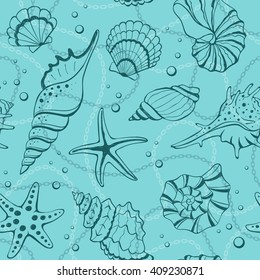 Marine seamless background from hand drawn sea shells and stars. Nautical pattern with shellfishes.