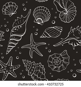 Marine seamless background from hand drawn sea shells and stars. Nautical pattern with shellfishes on blackboard.