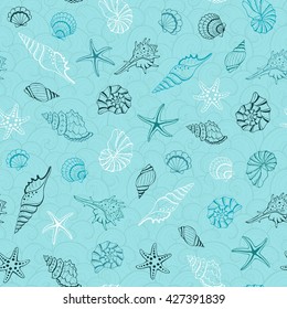 Marine seamless background from hand drawn sea shells and stars. Nautical pattern with shellfishes isolated on white.