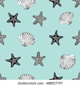 Marine seamless background from hand drawn sea shells and stars.